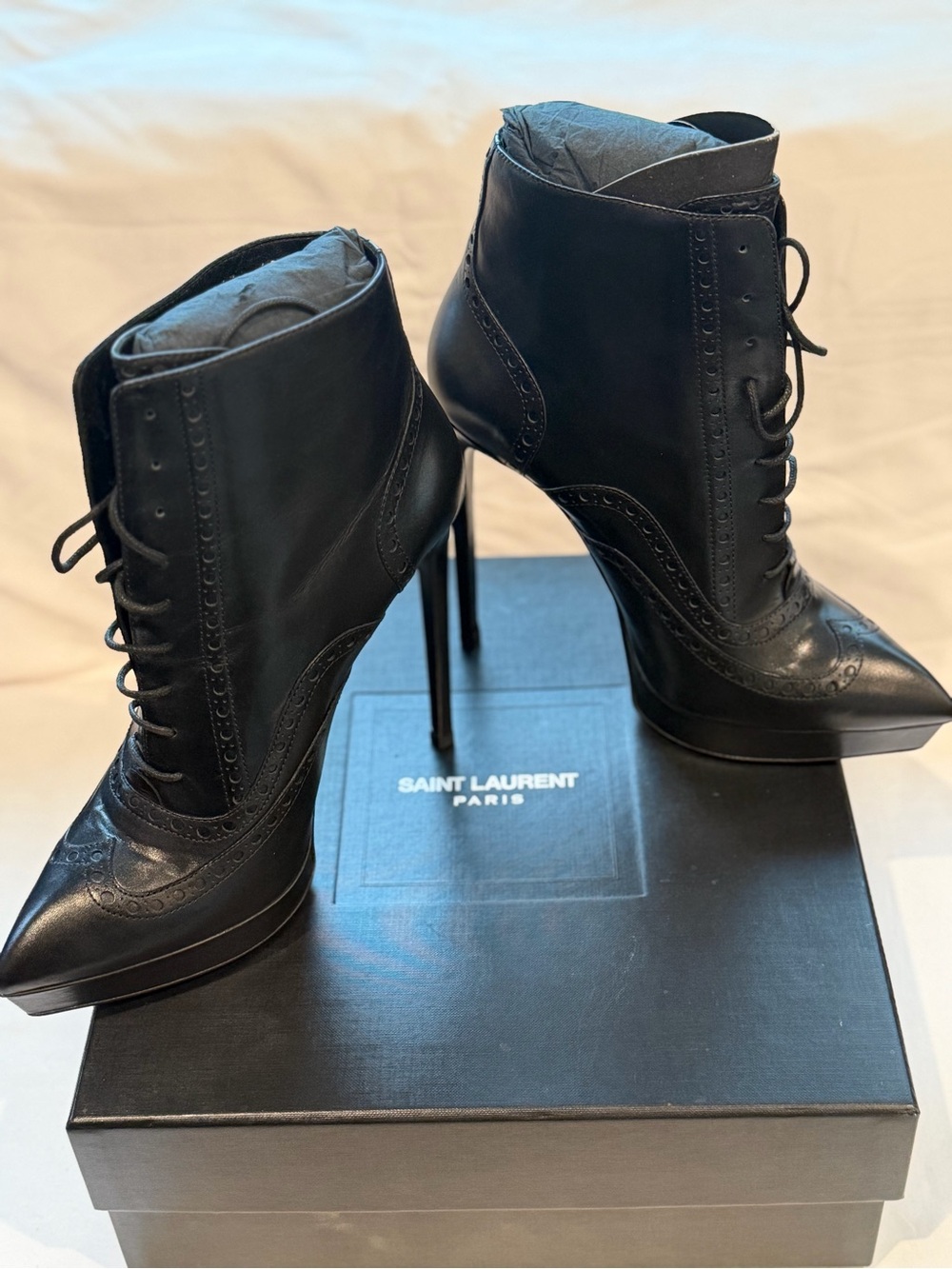 Saint Laurent Black Leather Lace-Up Stiletto Ankle Boots Size 40